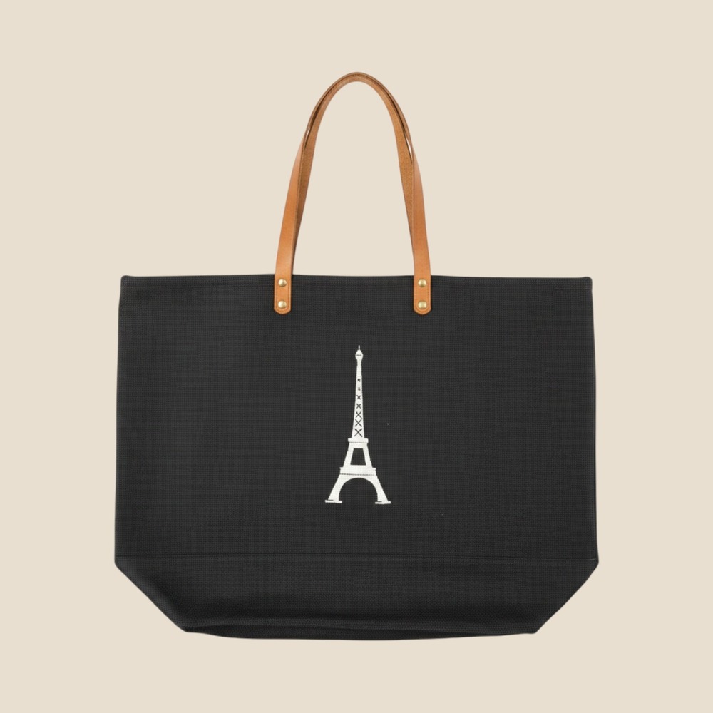 Ballard Designs Eiffel Tower Tote Bag Black Jute Burlap Leather Straps Parisian